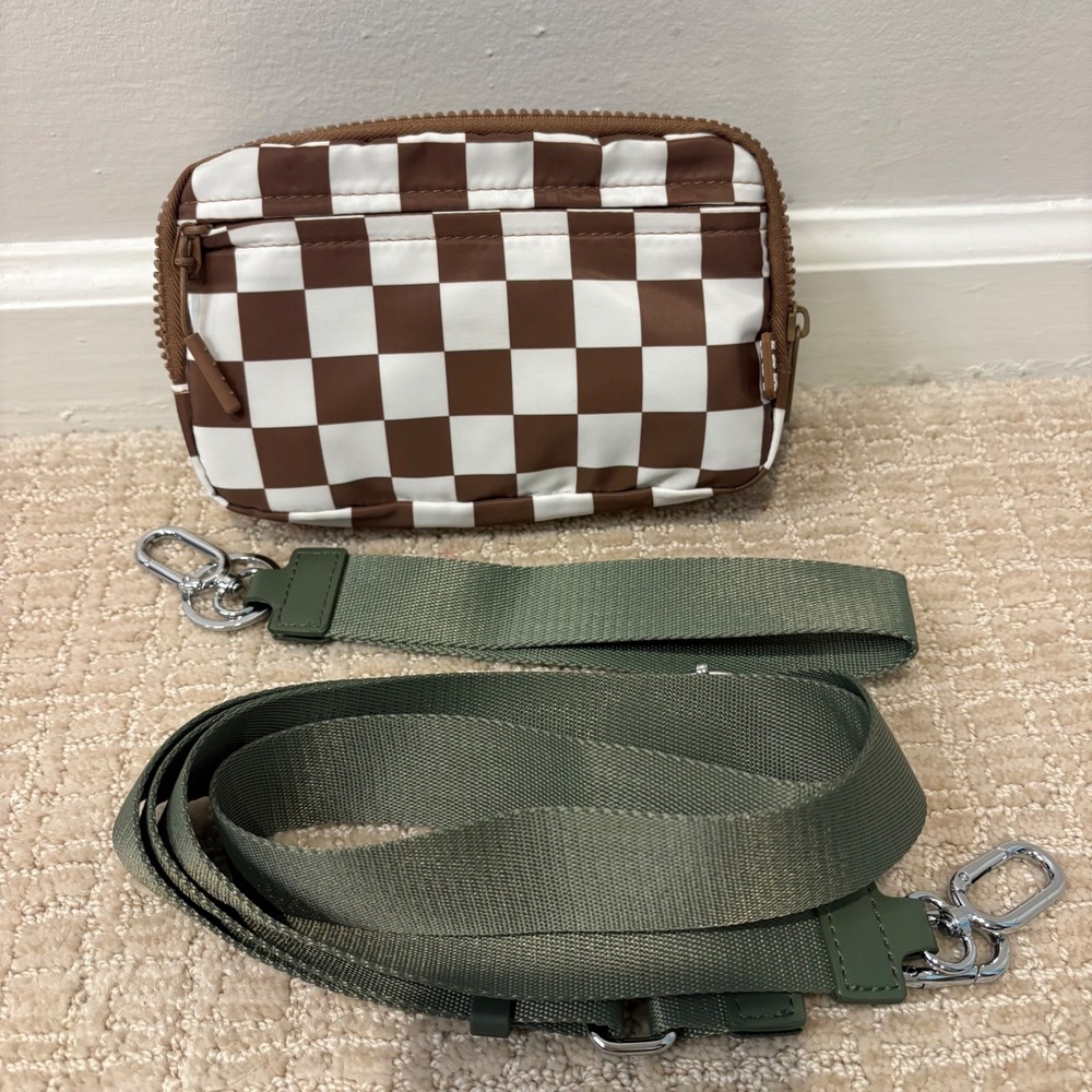 Iris & Rainbow Checkerboard Crossbody Wallet Bag Small Brown Green Triple Zip